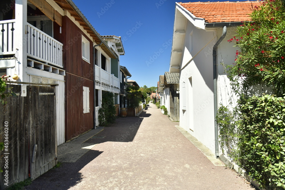 Rue sur sable entre les maisons de pêcheurs traditionnelles à Canon dans la baie d'Arcachon en Gironde 