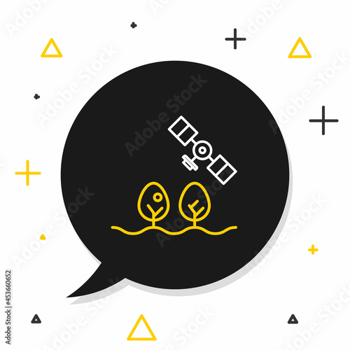 Line Smart farm with drone control and tree icon isolated on white background. Innovation technology for agricultural company. Colorful outline concept. Vector