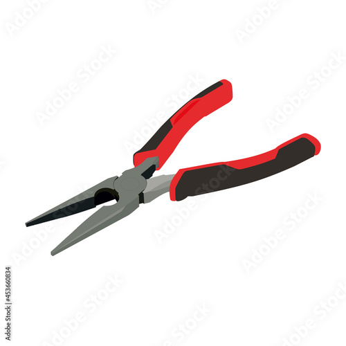 Opened round pliers. Isometric metal round pliers with rubber handles