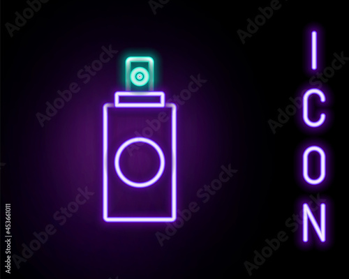 Glowing neon line Spray can for air freshener, hairspray, deodorant, antiperspirant icon isolated on black background. Colorful outline concept. Vector