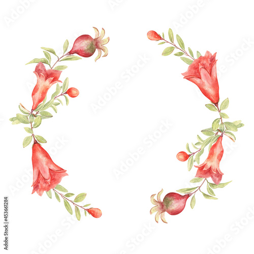 Pomegranate wreath with fruits, buds and flowers painted in watercolors, two symmetrical branches. Elegant botanical illustration of the pomegranate plant. For cards, invitations, plates' decor.