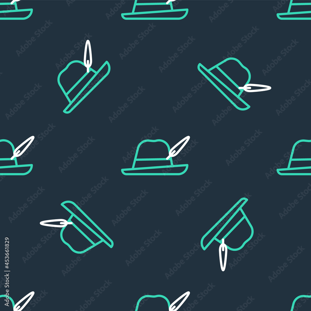 Line Oktoberfest hat icon isolated seamless pattern on black background. Hunter hat with feather. German hat. Vector Line Oktoberfest hat icon isolated seamless pattern on black background. Hunter hat with feather. German hat. Vector
