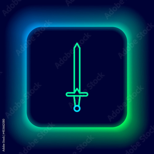 Glowing neon line Medieval sword icon isolated on black background. Medieval weapon. Colorful outline concept. Vector