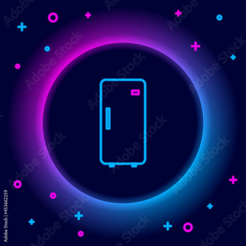 Glowing neon line Refrigerator icon isolated on black background. Fridge freezer refrigerator. Household tech and appliances. Colorful outline concept. Vector
