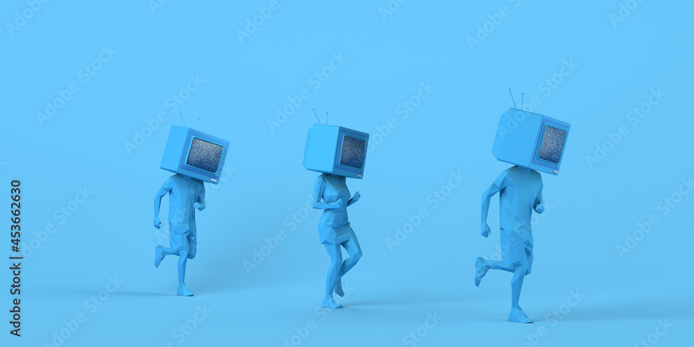 People running with an old television instead of a head. Passive subjects. Control and manipulation of mass media. Television audience. 3D illustration. Copy space. People running with an old television instead of a head. Passive subjects. Control and manipulation of mass media. Television audience. 3D illustration. Copy space.