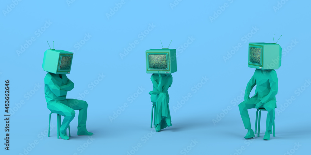 Sitting people talking with an old television instead of their heads. Passive subjects. Control and manipulation of mass media. Television audience. 3D illustration. Copy space. Sitting people talking with an old television instead of their heads. Passive subjects. Control and manipulation of mass media. Television audience. 3D illustration. Copy space.
