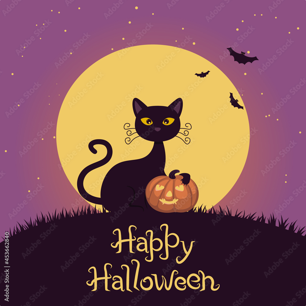 Halloween cat banner with scary pumpkin on the background of the sky, moon and bats. Color vector illustration for posters, invitation cards. Halloween cat banner with scary pumpkin on the background of the sky, moon and bats. Color vector illustration for posters, invitation cards.