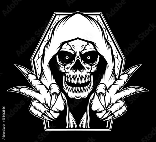 Black white grim reaper skull illustration