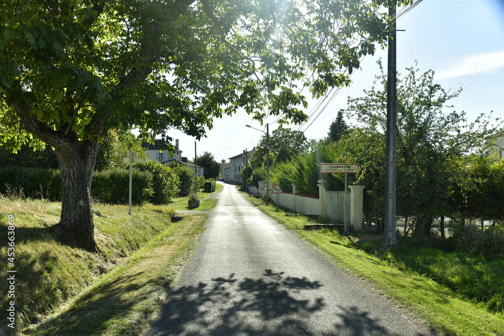 Route de campagne au milieu de la végétation luxuriante vers le bourg de Champagne au Périgord Vert