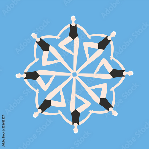 Synchronized swimming team. Group performance in the water. Vector illustration in flat style. Competitions or training in the swimming pool. Water sports concept.