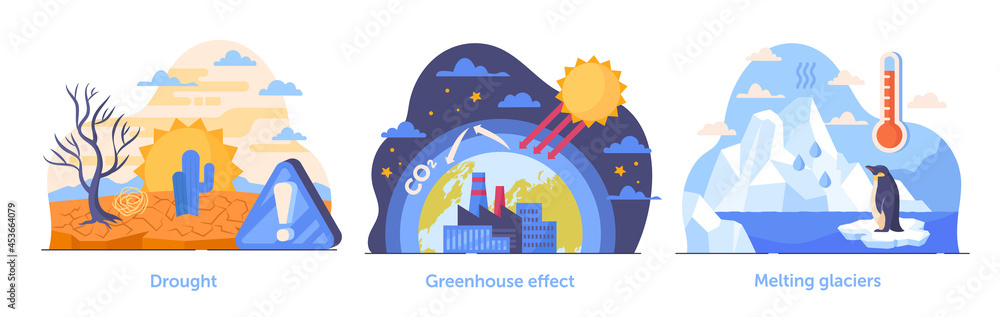 Global climate problems concept set. Drought, greenhouse effect and global warming. Desert and North Pole. Weather conditions. Cartoon contemporary flat vector collection isolated on white background