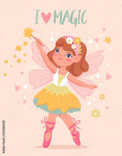 Beautiful fairy with wings. Little girl with magic wand dances ballet. Cute design element for printing on children clothes and postcards. Cartoon flat vector illustration isolated on pink background