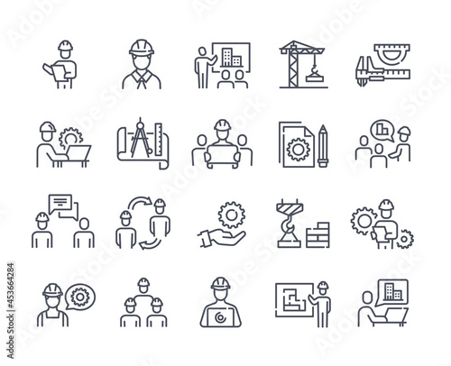 Set of icons with engineers and builders. Collection of stickers with employees  equipment  plan and tools. Design elements for websites. Line art flat vector illustration isolated on white background