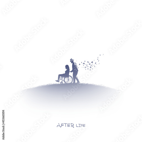 Woman in wheelchair. Isolated outline of people in heaven. Afterlife