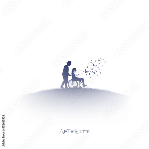 Girl in wheelchair. Isolated silhouette of people in heaven. Afterlife