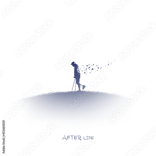 Man on crutches. Isolated silhouette of human in heaven. Afterlife