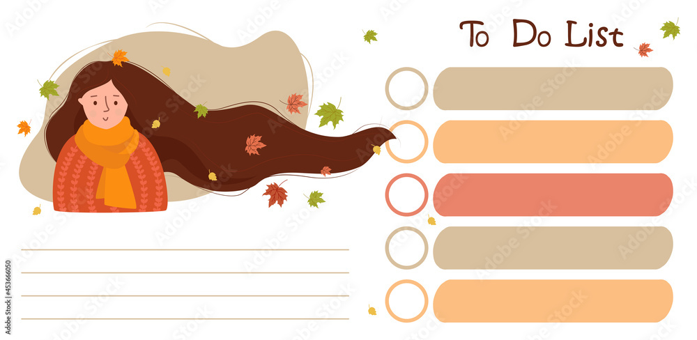 Fototapeta premium To do list. Fall affairs planner. girl with flowing hair and autumn leaves with list of notes. Vector. note paper, organizer, Day planning, time management. Flat illustration on white background