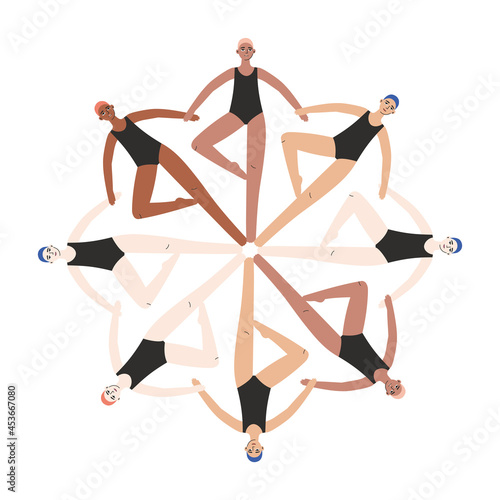 Synchronized swimming team. Group performance in the water. Vector illustration in flat style. Competitions or training in the swimming pool. Water sports concept.