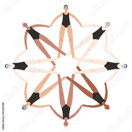Synchronized swimming team. Group performance in the water. Vector illustration in flat style. Competitions or training in the swimming pool. Water sports concept.