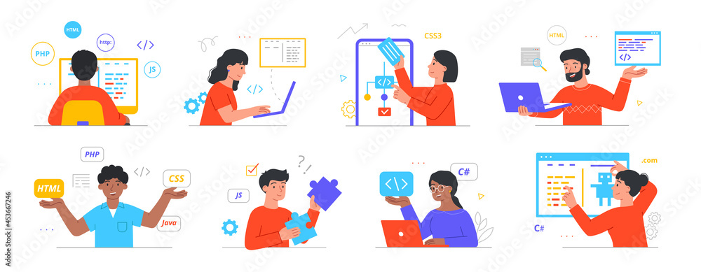 Collection of characters engaged in programming. Men and women use programming languages to create website, application, landing page and game. People at computer and laptop. Cartoon flat vector set