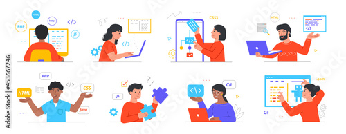 Collection of characters engaged in programming. Men and women use programming languages to create website, application, landing page and game. People at computer and laptop. Cartoon flat vector set
