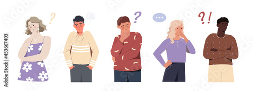 Set of confused people of different genders. Male and female character in thought. Metaphor for making decisions and finding answers. Cartoon flat vector collection isolated on white background