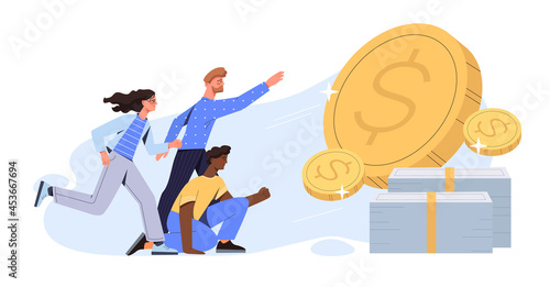 Pursuit of wealth concept. Businessmen running for coins and bills. Metaphor of competition for customers and income. People greed. Cartoon modern flat vector collection isolated on white background