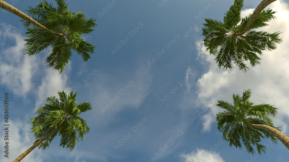 Palm trees. Travel and tourism concept. Low angle shot. 3d rendering Palm trees. Travel and tourism concept. Low angle shot. 3d rendering