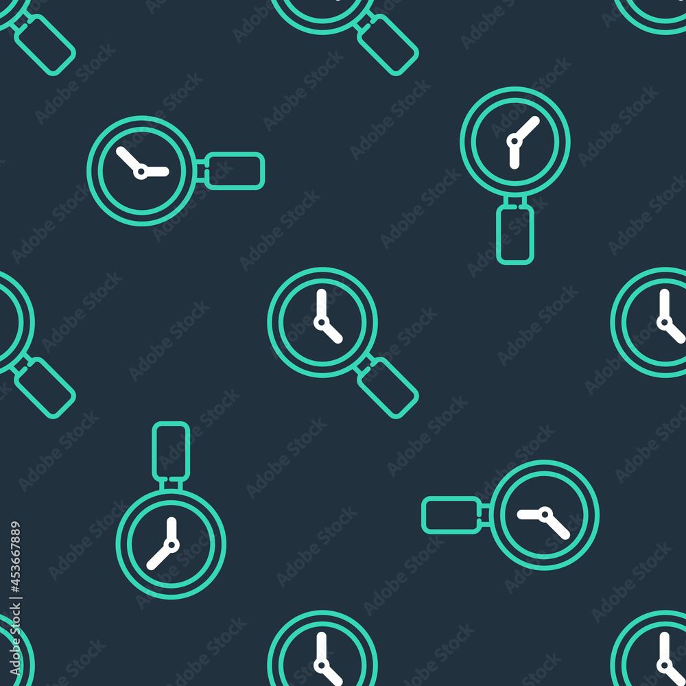 Line Magnifying glass with clock icon isolated seamless pattern on black background. Vector Line Magnifying glass with clock icon isolated seamless pattern on black background. Vector