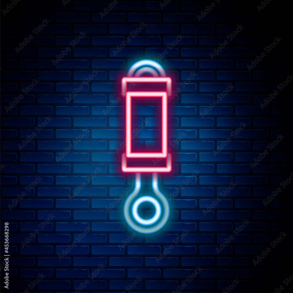 Glowing neon line Shock absorber icon isolated on brick wall background. Colorful outline concept. Vector Glowing neon line Shock absorber icon isolated on brick wall background. Colorful outline concept. Vector