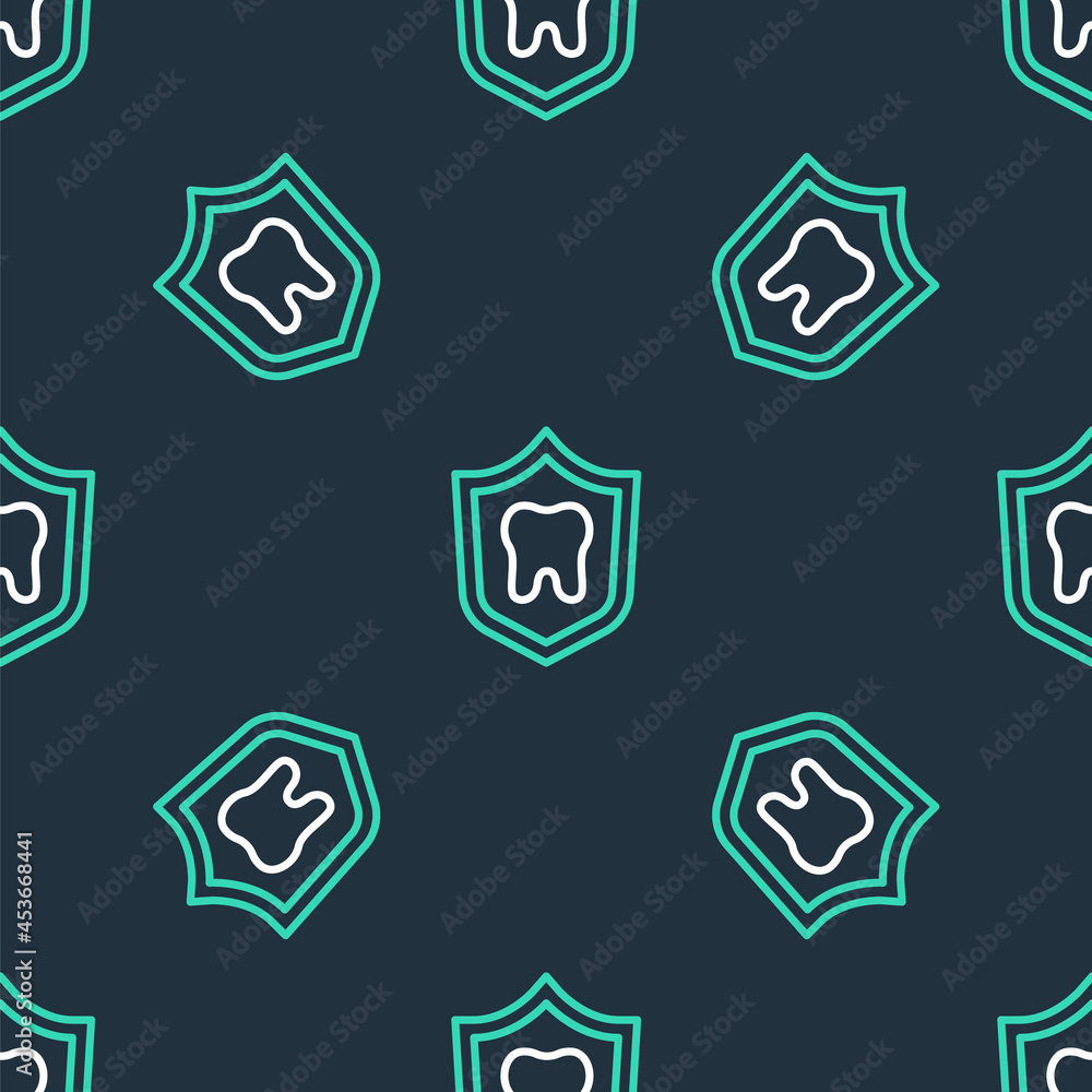 Line Dental protection icon isolated seamless pattern on black background. Tooth on shield logo. Vector Line Dental protection icon isolated seamless pattern on black background. Tooth on shield logo. Vector