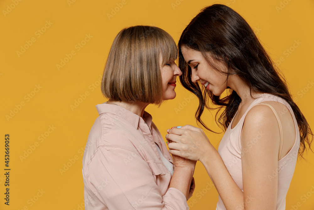 Side view two young happy lovely smiling daughter mother together couple women in casual clothes hold hands touch forehead isolated on plain yellow background studio portrait Family lifestyle concept