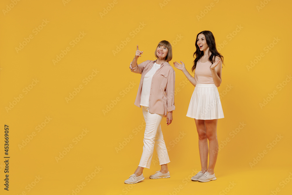 Full body side view two young amazed smiling happy daughter mother together couple women in casual beige clothes walk point index finger aside on workspace isolated on plain yellow background studio Full body side view two young amazed smiling happy daughter mother together couple women in casual beige clothes walk point index finger aside on workspace isolated on plain yellow background studio