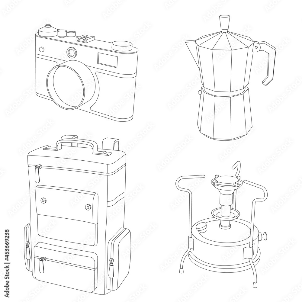 Camping line icons on white background. Vector illustration. Set include retro photo camera, geyser coffee maker, backpack and old camping primus Camping line icons on white background. Vector illustration. Set include retro photo camera, geyser coffee maker, backpack and old camping primus