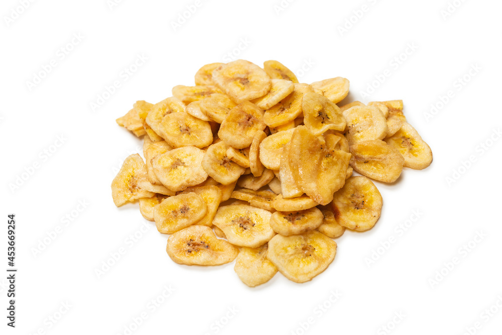 Banana chips isolated on a white background. Dehydrated banana.