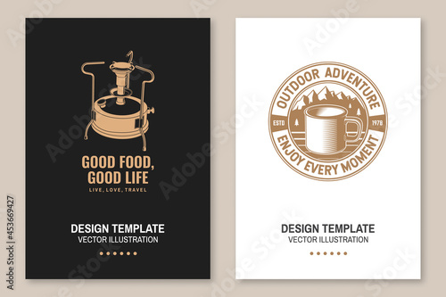 Set of travel inspirational quotes. Vector Concept for shirt or logo, print. Vintage typography design with retro camping primus, backpack, geyser coffee maker and mountain silhouette. Camping quote