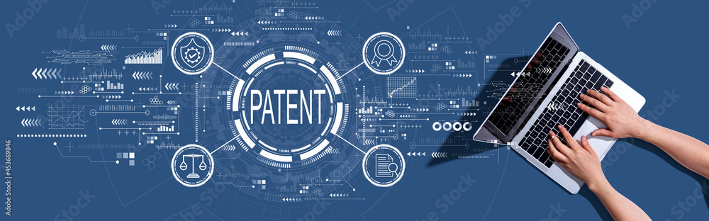 Patent concept with woman using a laptop Patent concept with woman using a laptop