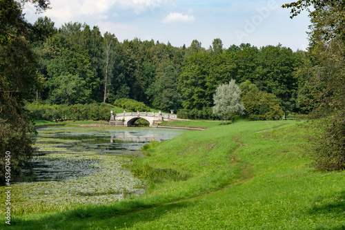View of the river valley and the stone bridge in the landscape park of Pavlovsk, St. Petersburg, Russia on a summer day.