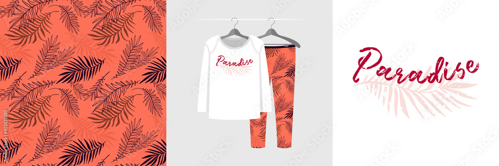 Seamless pattern and illustration set with palm, Paradise lettering