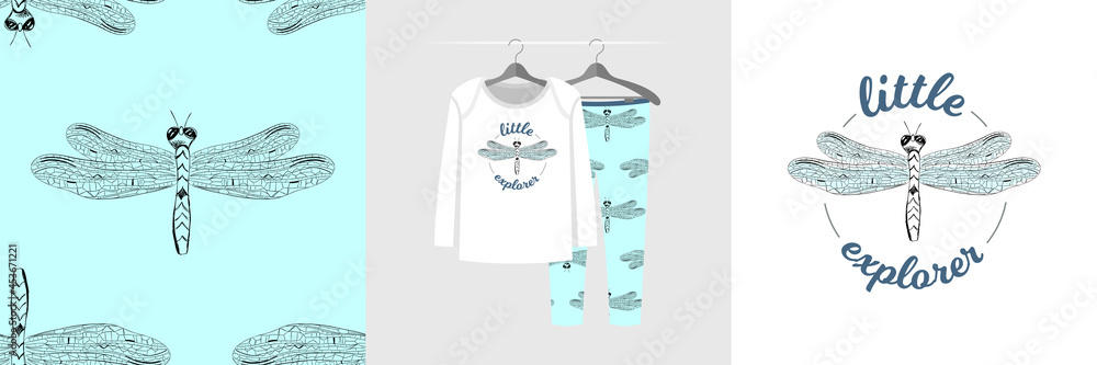 Seamless pattern and illustration set with dragonfly, Little explorer lettering Seamless pattern and illustration set with dragonfly, Little explorer lettering
