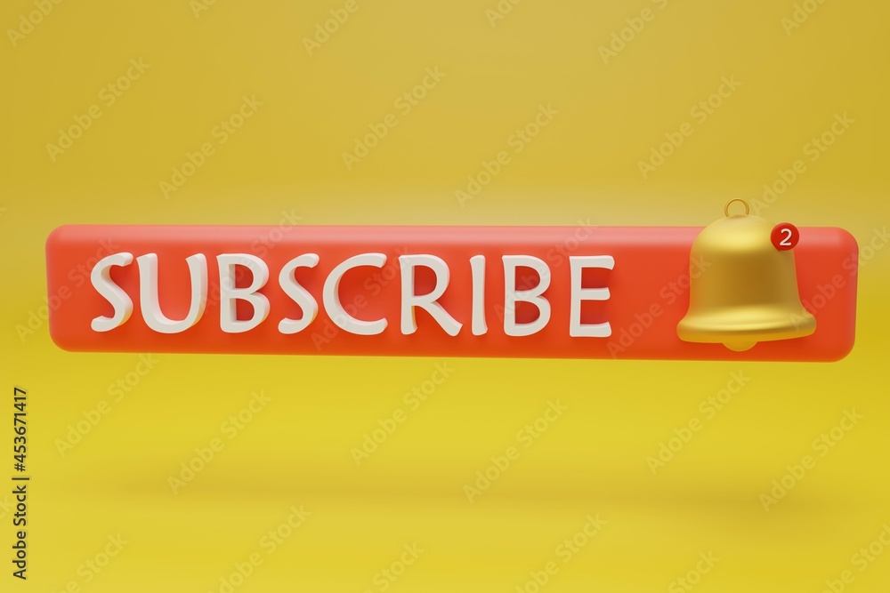 Red Button subscribe to channel with bell on yellow background. Social media background subscribe .Social Media element. Web design. Notification concept. 3d rendering. - obrazy, fototapety, plakaty 