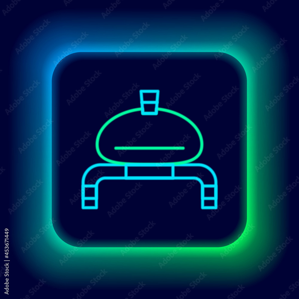 Obraz premium Glowing neon line Bread and salt on towel icon isolated on black background. National food loaf. Traditional ukrainian wedding bread. Colorful outline concept. Vector