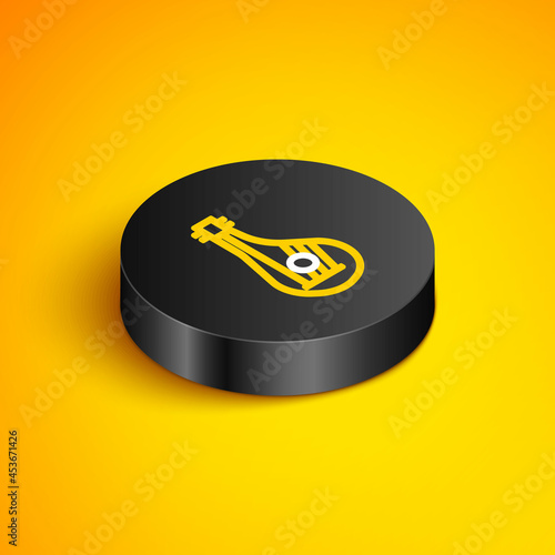 Isometric line Ukrainian traditional musical instrument bandura icon isolated on yellow background. Black circle button. Vector