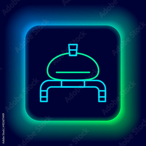 Glowing neon line Bread and salt on towel icon isolated on black background. National food loaf. Traditional ukrainian wedding bread. Colorful outline concept. Vector