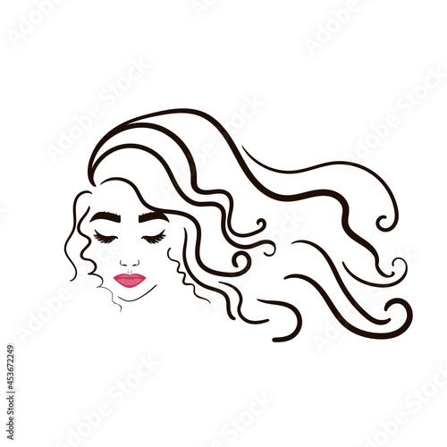 Illustration face in white background. Beautiful young woman with long hair. Close up portrait. Sketch. Isolated outline, line, contour. Vector art. Glamour fashion beauty woman face