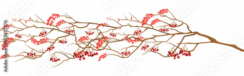 Vector horizontal seamless border with orange and brown autumn leaves and rowanberries