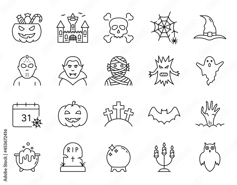 Fototapeta premium Halloween Set Line Icon. Spooky Horror Linear Pictogram. Halloween Concept. Pumpkin, Ghost, Bat, Grave, Skull, Vampire Scary Magic Outline Icon. Editable Stroke. Isolated Vector Illustration