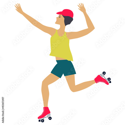 Happy girl with raised up arms goes rollerblading - isolated on white background - vector. Design element. Sports motivation.