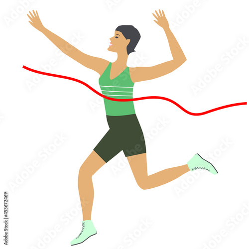 Runner - happy girl reached the finish tape - isolated on white background - vector. Design element. Sports motivation.