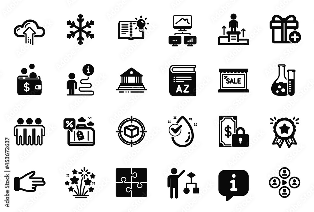 Vector Set of Business icons related to Algorithm, Cloud upload and Private payment icons. Product knowledge, Puzzle and Work home signs. Parcel tracking, Water drop and Sale. Click hand. Vector Vector Set of Business icons related to Algorithm, Cloud upload and Private payment icons. Product knowledge, Puzzle and Work home signs. Parcel tracking, Water drop and Sale. Click hand. Vector